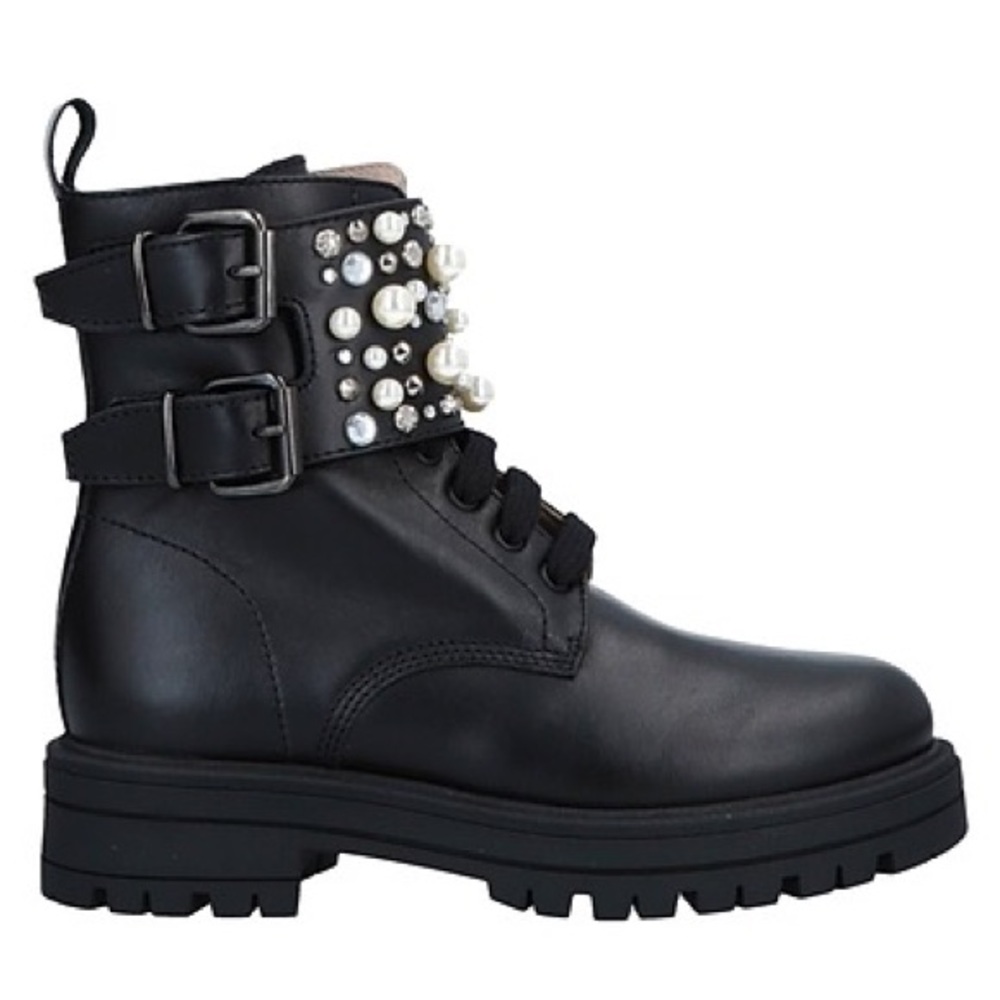 FLORENS Black Leather Boots with Fur and Pearls - Size 36